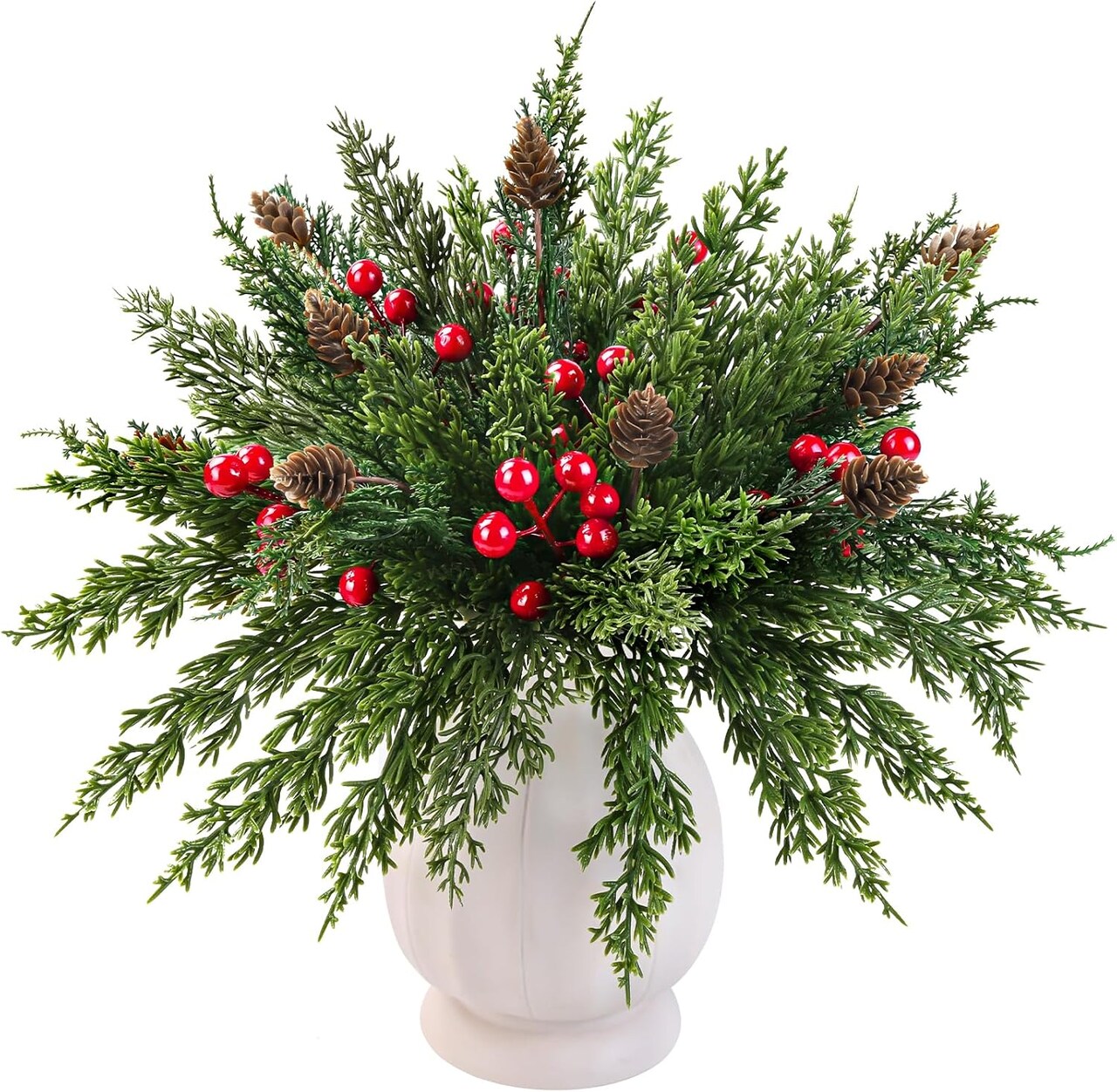 60 Pcs Christmas Artificial Pine Branches Red Berry Stems and Pine Cones (Green and Red) 3.9"D x 11.8"W x 4.3"H